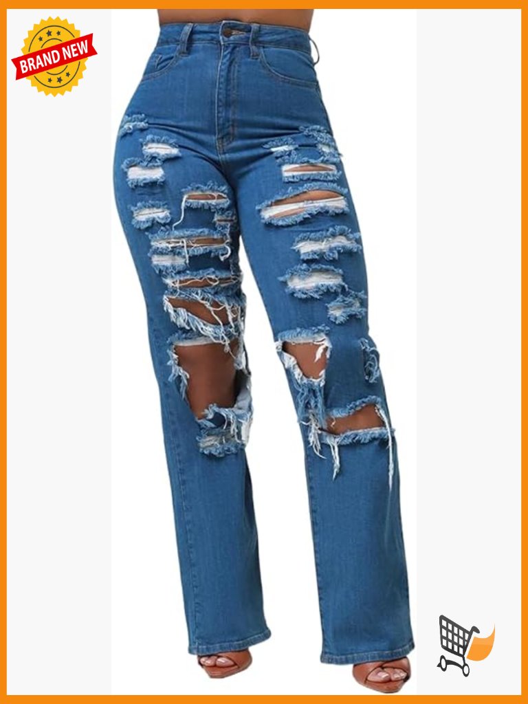 High Waisted Wide Leg Baggy Straight Jeans Distressed Stretch Denim Pants